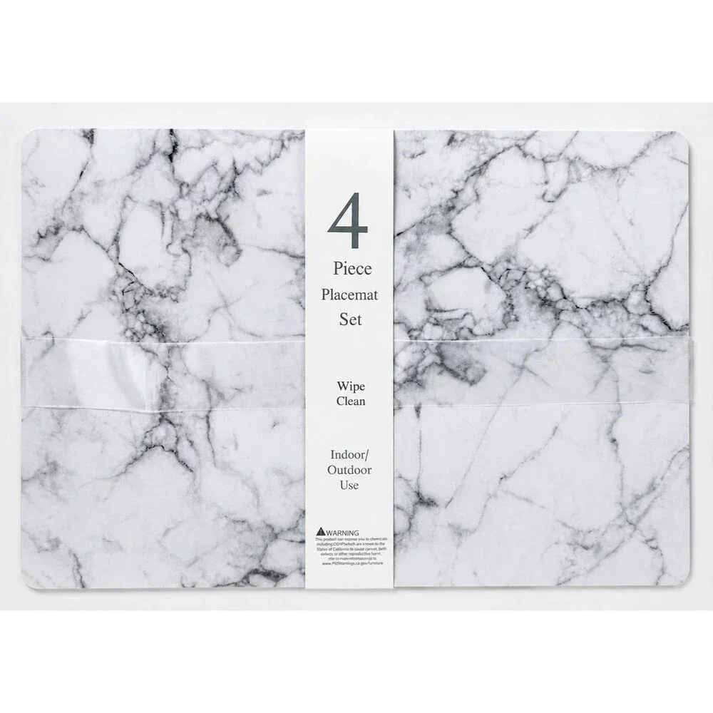 Popular Home Marble Look Placemats Set of 4 White Vinyl Foam Backed 12x18